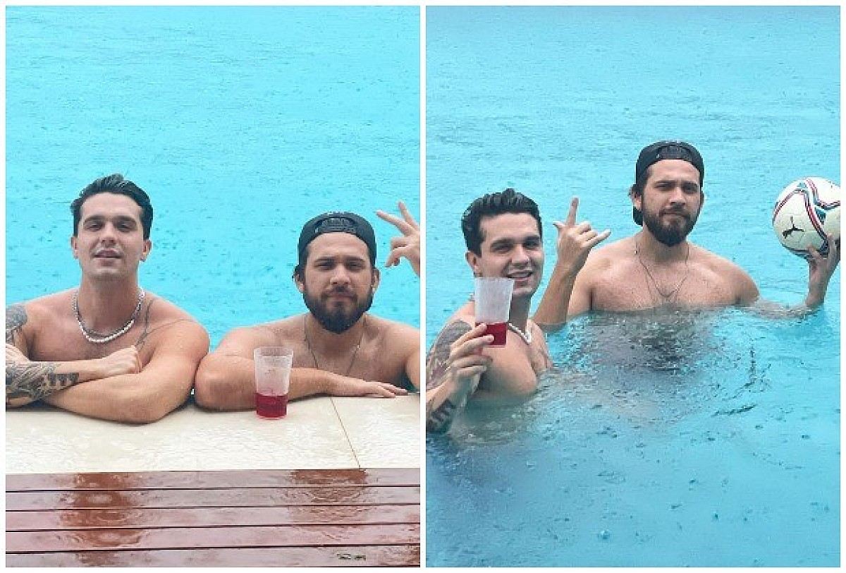 Luan Santana e Gustavo Mioto aproveitam dia de chuva na piscina