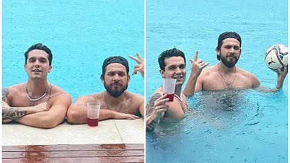 Luan Santana e Gustavo Mioto aproveitam dia de chuva na piscina